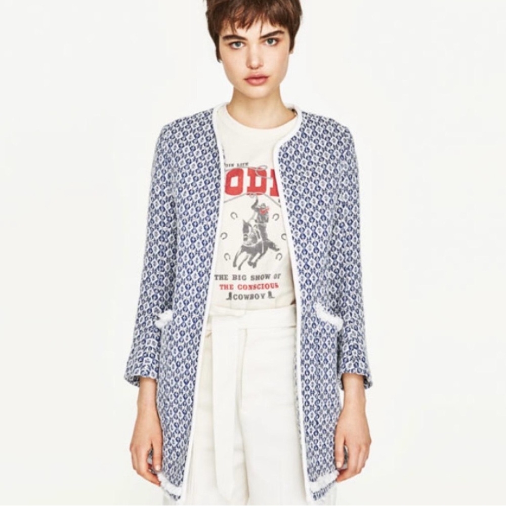 ZARA Jacket XS Viral Blue White Fringe Pockets Jacquard Mid Length Open